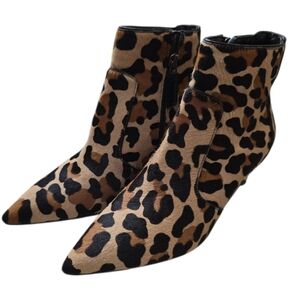 Aquatalia Marilisa Leopard Calf Hair Booties 7 Kitten Heel Ankle Zip Point Toe